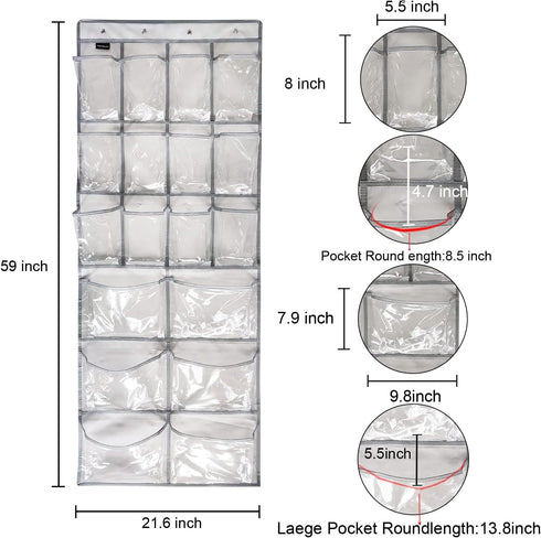 1 Pack Extra Large Hanging Crystal Clear Over Door Shoe Organizers,closet shoe organizer shoe rack organizer shoe storage,12+6Pockets,8Hooks,Grey?...