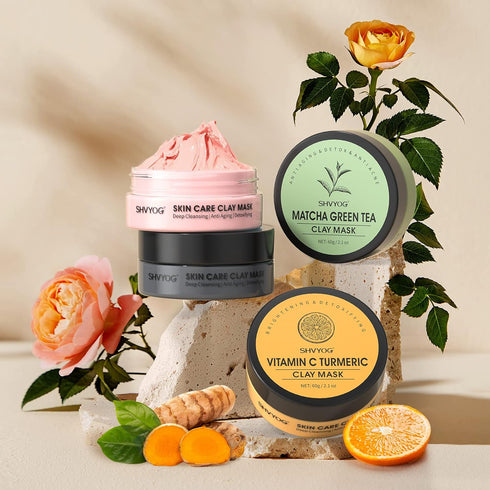 4 Pcs Clay Facial Mask Set - Turmeric, Vitamin C, Green Tea, Dead Sea Mud, and Rose Clay for Deep Cleansing, Moisturizing, and Refining Pores - 24...