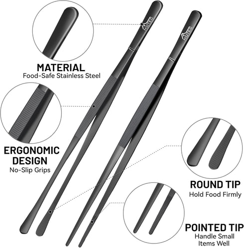 Hotec Kitchen Tweezers Stainless Steel Fine Kitchen Tongs for Cooking, 12-Inch Extra-Long Cooking Tweezers Food Tongs Set of 2, Black...