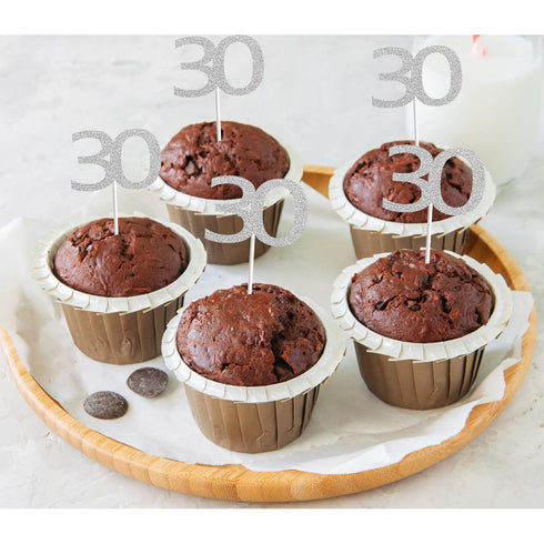 Sumerk 24PCS 30 Cupcake toppers Silver Glitter 30th Birthday Cupcake Picks Anniversary Party Decorations...