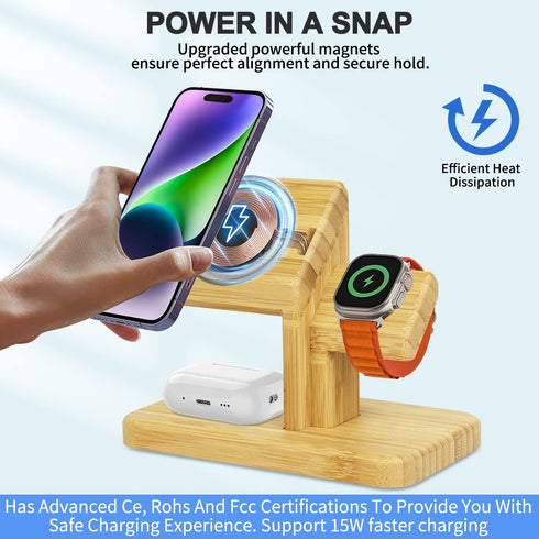 Wireless Charging Station for Apple, 20W Fast 3 in 1 Wireless Charger Stand, Bamboo Charging Station for iPhone 15/14/13/12 Pro/Max/Plus, for Appl...