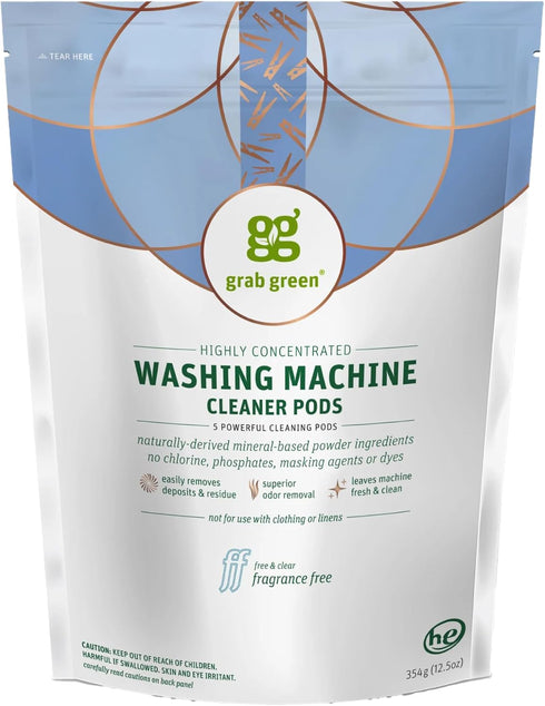 Grab Green Washing Machine and Dishwasher Cleaner Pods - Fragrance Free, 5 Cleaning Pods...