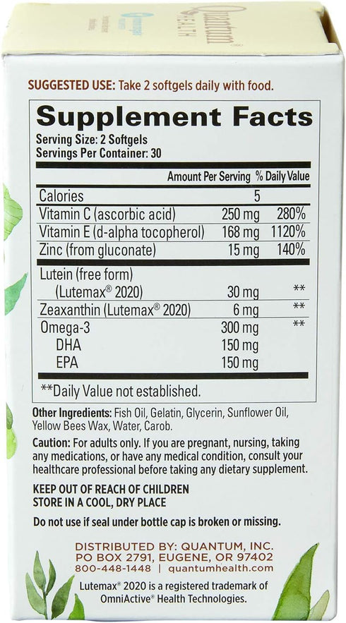 Quantum Health Macula 30+ Eye Health Supplement|Promotes Macular and Retinal Health as You Age|Formulated with Lutein, Zeaxanthin, Omega-3, and Vi...