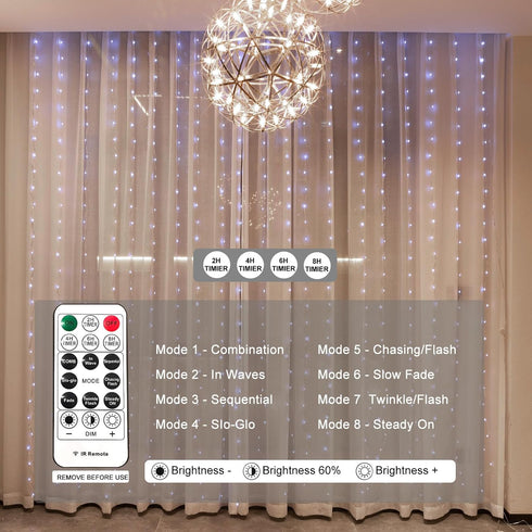 Upgrade 300LED White Curtain Light with Untangled Wires, 9.8ft x 9.8ft Copper Wire String Lights, USB Plug Hanging Window Fairy Lights, 8 Modes & ...