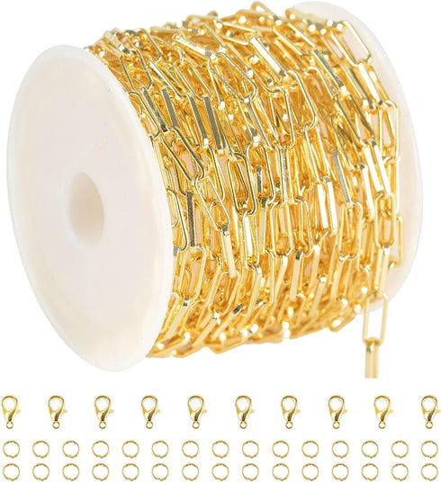 YOUBEIYEE 16.4 Feet 18K Gold Plated Brass Chain Roll Flat Paperclip Chain for Jewelry Making Handmade Women Necklace Bracelet DIY Jewelry Findings...