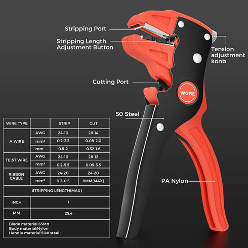 WGGE Automatic Wire Stripper and Cutter, 2 IN 1 Wire Stripper Tool, Adjustable 10-24 AWG Electrical Cable Wire Stripping Tool for Electronic and A...