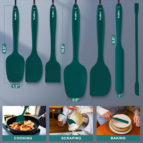 Walfos Silicone Spatula Set of 7 - (600°F) High Heat Resistant Dark Green Kitchen Scraper Spatulas, One-Pieces Seamless Design, Perfect for Cookin...