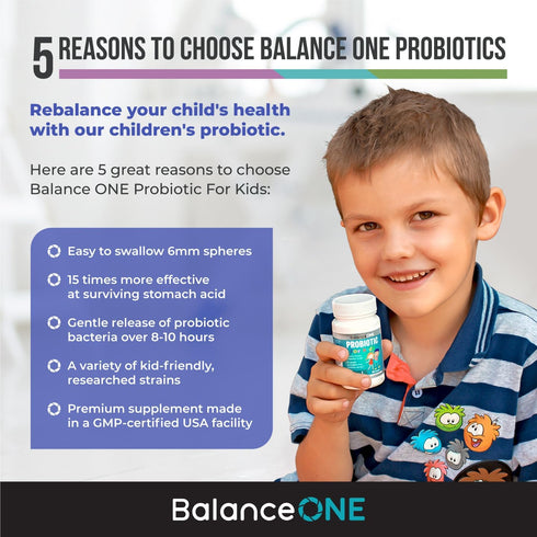 Balance ONE Time-Release Kids Probiotic – Up to 15x Better Survivability – 3 Billion CFU – Gut & Digestive Support for Children – Sugar Free, Easy...