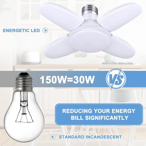 2 Pack Mini 30W Garage Light (150W Equivalent) - 6500K Daylight LED Garage Light, E26 Base Garage LED Light, LED Light Bulb for Basement,Closet,Wo...