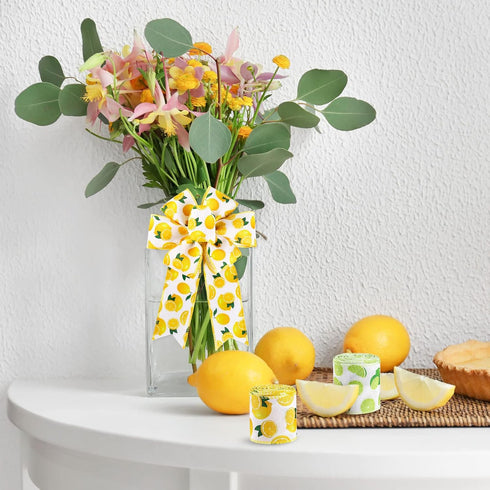 Whaline 2 Rolls Summer Lemon Wired Edge Ribbon 12 Yard Yellow Green Lemon Pattern Ribbon Summer Spring Fabric Decorative Craft Ribbon Roll for Gif...