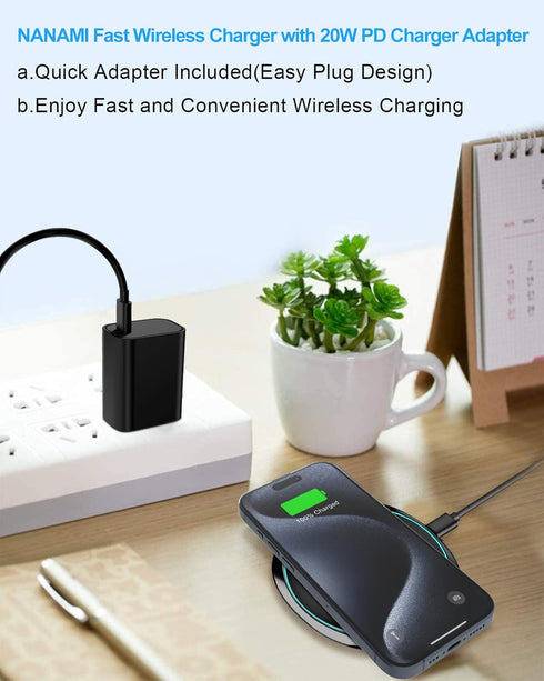NANAMI Fast Wireless Charger, 7.5W Qi Certified Charging Pad with PD3.0 Adapter USB Charger for iPhone 15/14/13/12/11 Pro Max/XR/8 Plus/Airpods 2,...