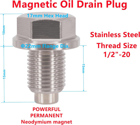1PC 1/2"x20 Stainless Steel Magnetic Engine Oil Drain Plug Fit Buick Chevrolet Chrysler Ford Dodge GMC Selector Models & Harley-Davidson Transmiss...
