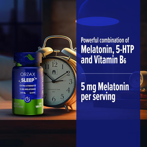 ORZAX Sleep - Melatonin 5 mg, Vitamin B6 & 5-HTP Supplement - Restful Sleep Vitamins for Adults (120 Tablets)...