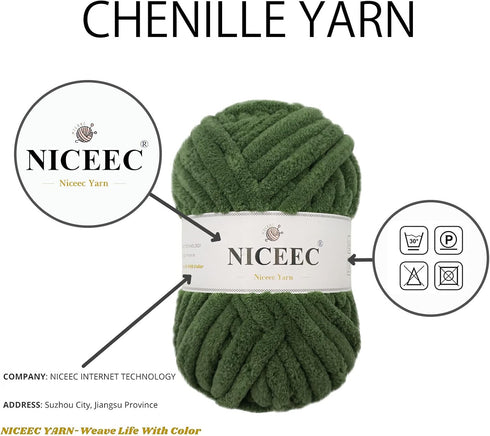 NICEEC 3 Skeins Chenille Yarn Blanket Yarn for Knitting Fancy Yarn for Crochet Weaving DIY Craft Total Length 3×40m (3×44yds, 3×100g) _Army Green...