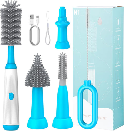 Electric Bottle Brush Set with Baby Bottle Brush, 2 Nipple Brush, Straw Brush and Extension Handle, Rechargeable Bottle Brush Cleaner, for New Bab...