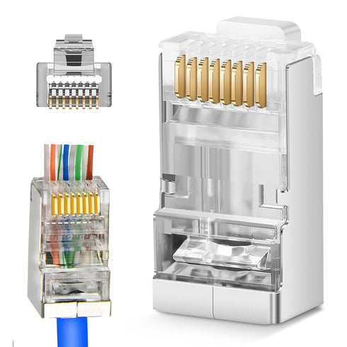 Shielded RJ45 Cat5 Cat6 Pass Through Connectors - 3 Prong 8P8C Gold Plated Pass-Thru Modular Data Plug for FTP/STP Network Cable & Solid Wire 20Pa...