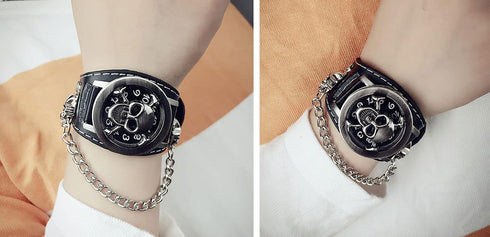 Cool Leather Punk Skull Quartz Men's Wrist Watch,Skull Flip Cover Women's Watch,Skull+Chains+Rivets Elements,Fashion for Valentine's Day Gift...