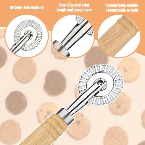 Pastry Cutter Wheel, Pasta Cutter Wheel with Wooden Handle and Fluted Ravioli Crimper Cutter Pizza Dumpling Lace Making Noodle Dough Cutter Roller...