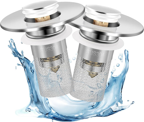 2 Pack Bathroom Sink Stopper, 2 in 1 Pop Up Bathroom Sink Drain Strainer with Hair Catcher Basket, Universal Wash Basin Drain Stopper for 1~1.5 In...