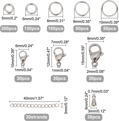 PH PandaHall 830pcs Jewelry Making Findings Stainless Steel, 680pcs 5 Styles Jump Rings 90pcs 3 Styles Lobster Claw Clasps 30pcs 40mm Extender Cha...