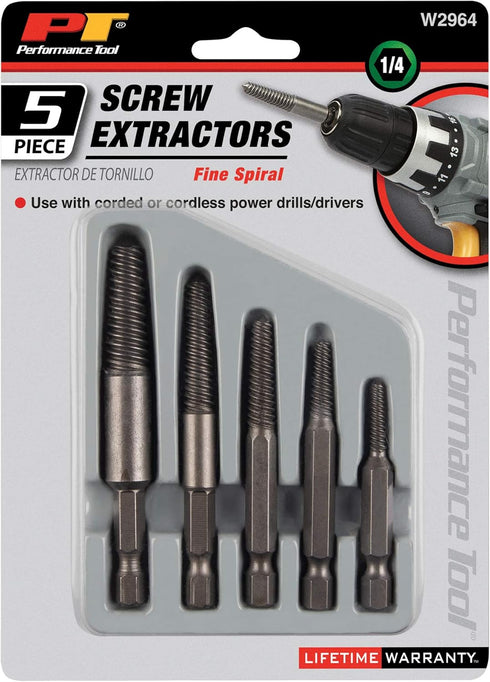 Performance Tool W2964 Fine Threaded Extractor Set - Remove Damaged, Frozen, or Rusted Fasteners from Wood, Plastic, or Metal with 1/4-Inch Hex Sh...