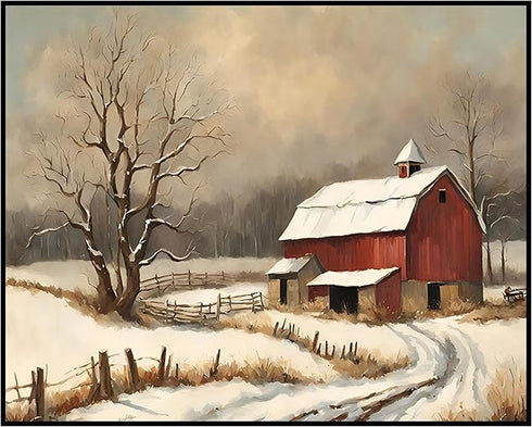 Posterizer 1 pcs-old farm house in snowy winter nature-in oil painting style-1-Landscape & Nature Art-Living Room Bedroom Decor- unframed wall art...