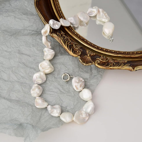 Pearl Choker Necklace for Women Boho Beaded Statement Necklace with Black White Large Freshwater Pearls Silver Fashion Jewelry Gift...