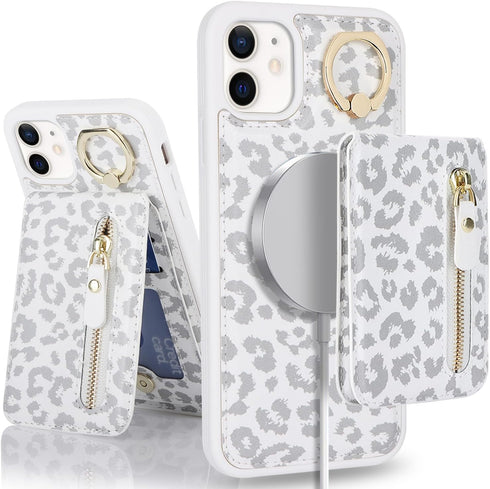 iPhone 12 pro case with Card Holder, iPhone 12 Phone Case Wallet for Women magsafe Compatible Wallet Detachable 2-in-1 for Men-White Leopard......