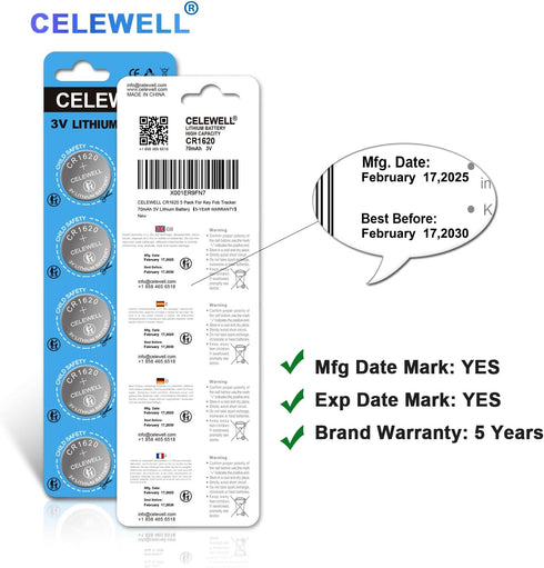 CR1620 5 Pack for Key Fob Tracker 70mAh 3V Lithium Battery ?5-Year Warranty?...