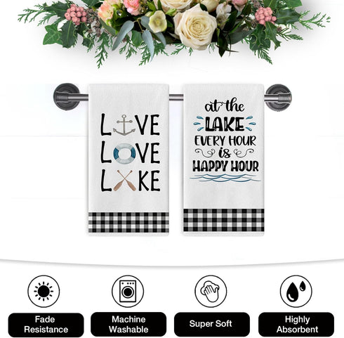 Seliem Live Love Lake House Kitchen Dish Towel Set of 2, Black White Buffalo Plaid Check Anchor Paddle Tea Bar Hand Drying Cloth, Spring Summer Fa...