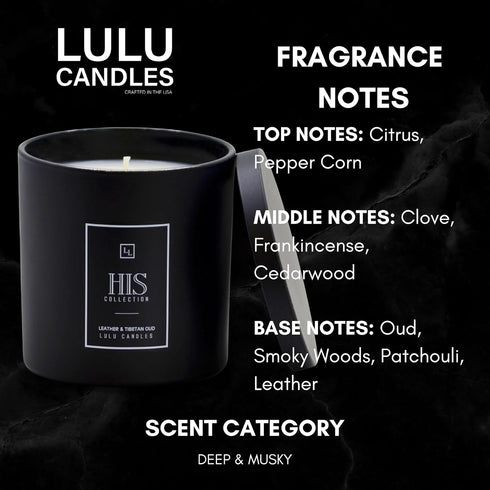 Lulu Candles | Leather & Tibetan Oud - His Collection | Luxury Scented Soy Jar Candle | Hand Poured in The USA | Highly Scented & Long Lasting- 9 ...