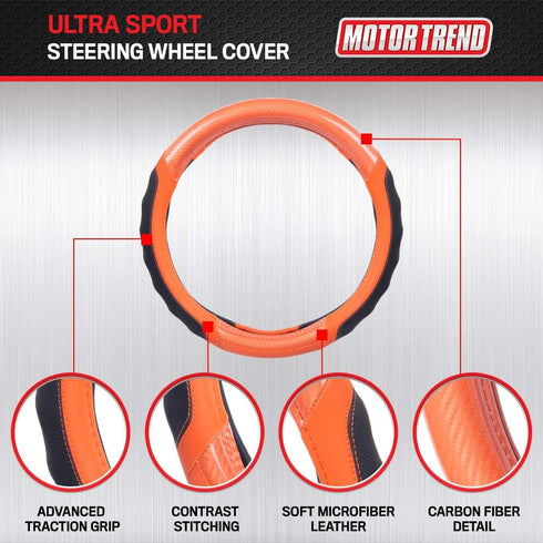 Motor Trend SW-812 Orange Ultra Sport Pebbled Leather Steering Wheel Cover with Carbon Fiber Detail-Universal Fit for Standard Sizes 14.5 to 15.5 ...