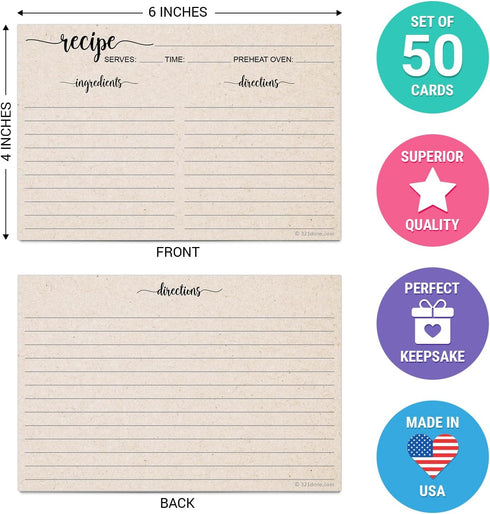 321Done Recipe Cards, Made in USA - 4x6 Tan, Simple Script, Double-Sided Thick Cardstock, Cute Vintage Rustic Kraft Look for Bridal Shower Wedding...