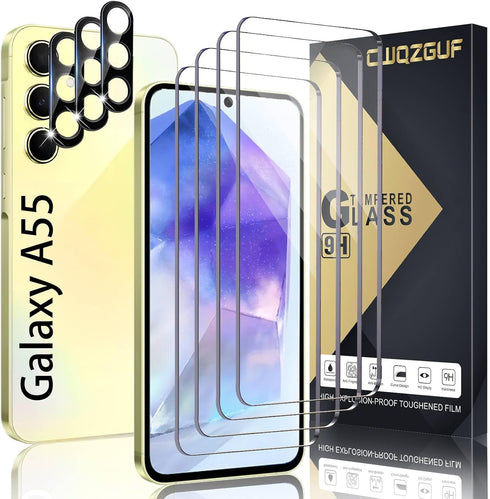 [4+3 Pack Galaxy A55 Screen Protector, 4 Pack Tempered Glass with 3 Pack Camera Lens Protector, High Clarity, Anti-Shatter, Bubble Free for Samsun...