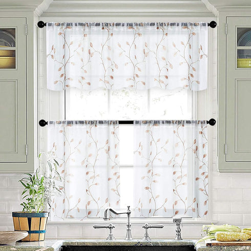 MRTREES Sheer Tier Curtains White, Voile Bathroom Tiers Rod Pocket, Leaves Embroidery Bedroom Curtain Panels Half Window Treatment for Living Room...