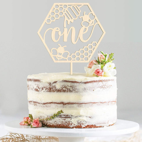 Huray Rayho Bumble Bee One Cake Topper for First Birthday 1st Honey Bee Theme Party Decoration Honeycomb Wood Cake Topper Bee Cake Supplies...