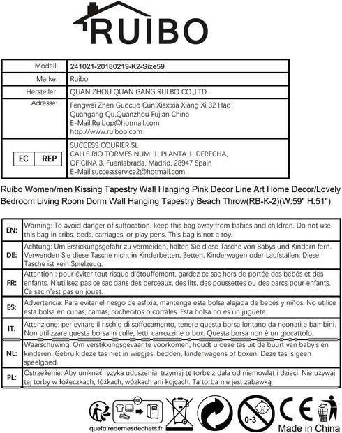 Ruibo Abstract Sketch Art Wall Hanging - Kissing Couple Tapestry, Beach Throw (W:59" H:51")...