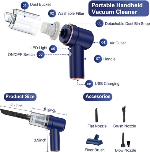 Handheld Vacuum Cordless, Car Vacuum Cleaner, USB Rechargeable Portable Mini Vacuum with Suck and Blow 2 in 1?Blue?...