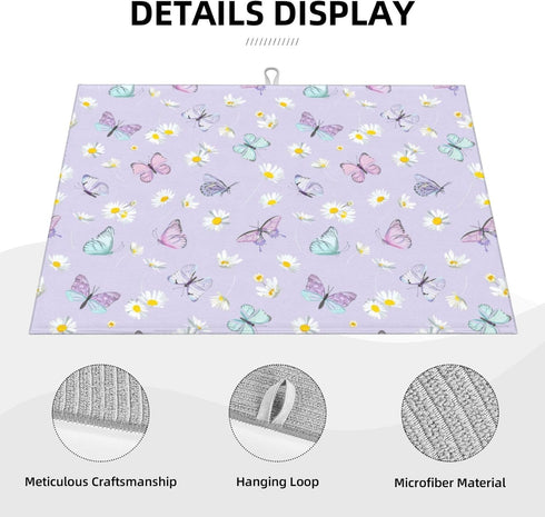 Dish Drying Mat Butterfly Daisy Flower Purple for Kitchen Counter Absorbent Dishes Drainer Microfiber Large 18x24 Inch...