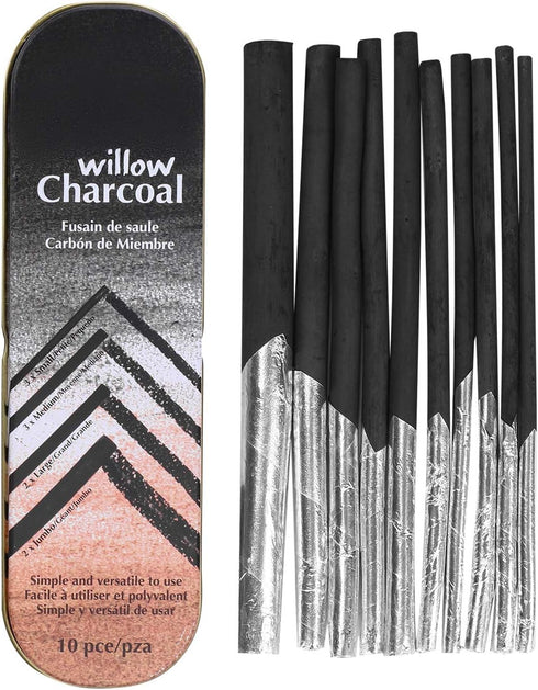 Willow Vine Sketch Charcoal Sticks Tin Box Set of 10 Compressed Assorted Artist Pencils Medium Black Students Beginners Painter Art Supplies for D...