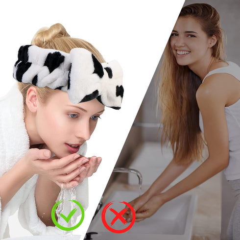 3 Pack Spa Headband and Wrist Washband Face Wash Set,Reusable Soft Makeup Headband Fleece Skincare Headbands for Washing Face Shower (Narrow Cow)...