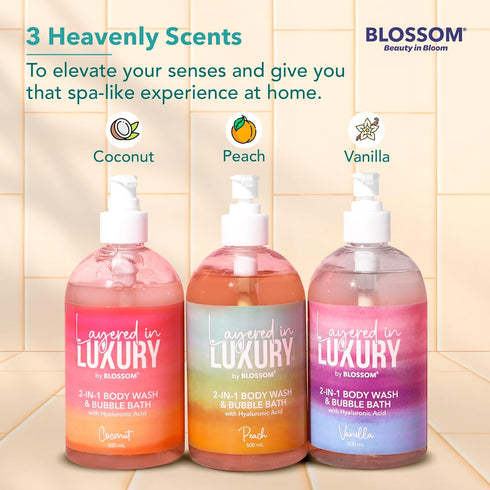 Blossom Layered In Luxury 2-in-1 Scented Body Wash & Bubble Bath with Hyaluronic Acid, Liquid Bath Gel Body Cleanser with Pump for Dry, Sensitive ...