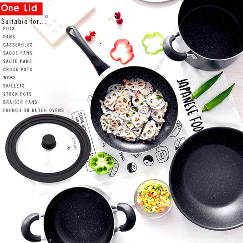 Universal Lid for Pots,Pans and Skillets - Tempered Glass with Heat Resistant Silicone Rim Fits 6", 7" and 8" Diameter Cookware,Black...