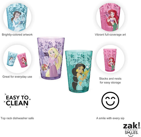 Zak Designs 14.5oz Disney Princess Nesting Tumbler Set Includes Durable Plastic Cups, Fun Drinkware is Perfect for Kids, 4pk ( Belle & Jasmine & A...