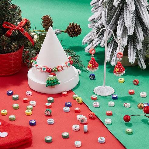 1 Box 300Pcs Christmas Polymer Clay Beads Holiday Clay Beads Winter Theme Santa Socks Tree Snowman Green Tone Spacer Bead for Jewelry Making Suppl...