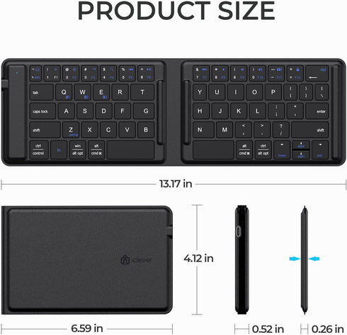 iClever Portable Keyboard, Foldable Bluetooth Keyboard with Stand Holder, USB-C Charge, PU Leather, Tactile Typing Feedback, Pocket-Size Folding K...