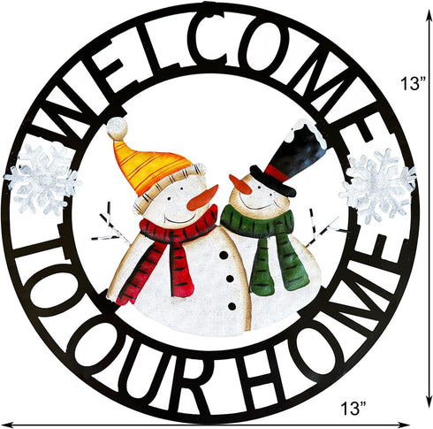 Welcome to Our Home Rustic Metal Snowmen Hanging Welcome Signs Wall Decor Front Door Wreaths Garden Fence Patio Porch Yard Winter Christmas Holida...
