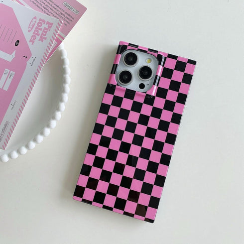 Rectangle Pink Checkered Phone Case for iPhone 15 Pro (6.1in) Cute Checkerboard Checker Flag Print Glossy Slim Trendy Rectangled Edge Strong Shock...