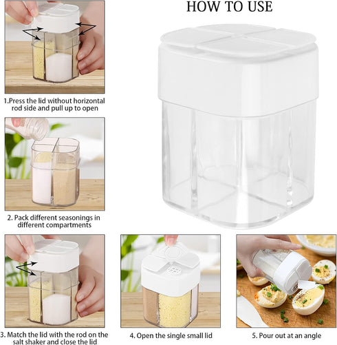 4 Pack 4 in 1 Plastic Salt and Pepper Shaker, 4 Grids Flip Empty Spice Dispensers Travel Spice Container Compartment Seasoning Shakers with Lid Tr...