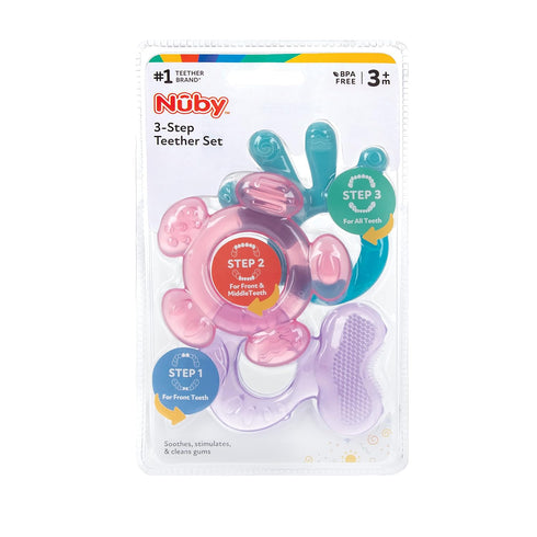 Nuby 3 Step Soothing Teether 3 Piece Set- Front, Middle, Back Teeth Teething- Pink/Purple, 3 m+...